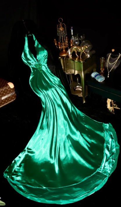 Sexy Mermaid Jade Green Halter Satin Beaded Without Sleeves Long Prom Dress,Evening Dress GG5562