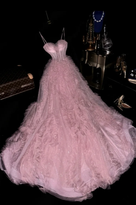 Cute A Line Spaghetti Straps Tulle Without Sleeves Long Prom Dress,Evening Dress GG5563