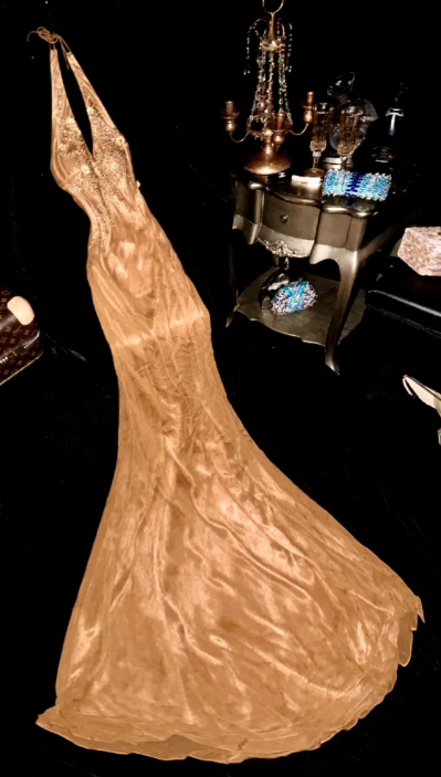 Gold Mermaid Halter Satin Beaded Applique Without Sleeves Long Prom Dress,Evening Dress GG5566