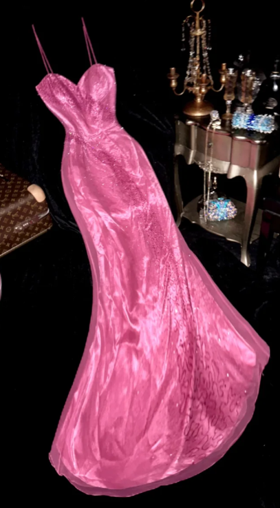 Hot Pink Mermaid Spaghetti Straps Satin Tulle Beaded Without Sleeves Long Prom Dress,Evening Dress GG5570