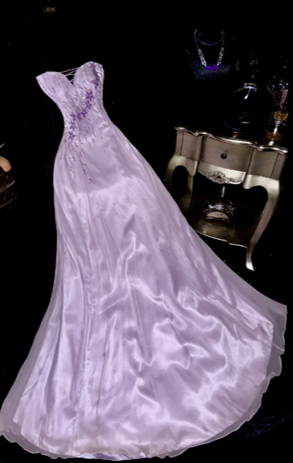 Pretty Lilac A Line Sweetheart Satin Tulle Beaded Without Sleeves Long Prom Dress,Evening Dress GG5571