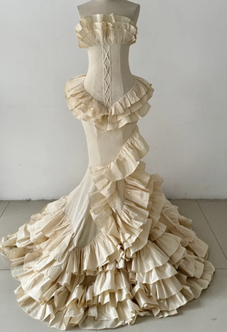 Vintage Mermaid Strapless Tiered Ruffle Satin Without Sleeves Long Prom Dress,Evening Dress GG5573