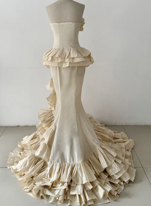 Vintage Mermaid Strapless Tiered Ruffle Satin Without Sleeves Long Prom Dress,Evening Dress GG5573