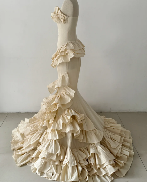 Vintage Mermaid Strapless Tiered Ruffle Satin Without Sleeves Long Prom Dress,Evening Dress GG5573