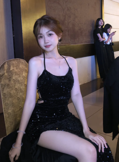 Sexy Shiny Mermaid Halter Black Sequin Slit Without Sleeves Long Prom Dress,Evening Dress GG5574