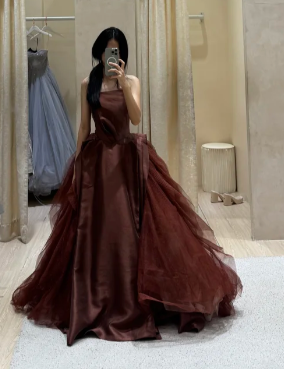 Princess Strapless A Line Satin Tulle Without Sleeves Long Prom Dress,Evening Dress GG5576