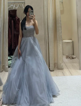 Princess Strapless A Line Tulle Sequin Without Sleeves Long Prom Dress,Evening Dress GG5577