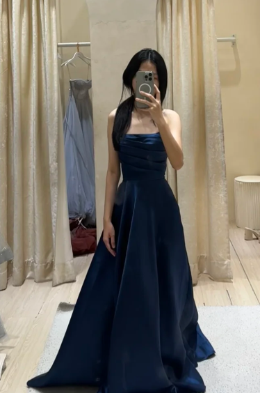 Formal Navy Strapless A Line Satin Without Sleeves Long Prom Dress,Evening Dress GG5578