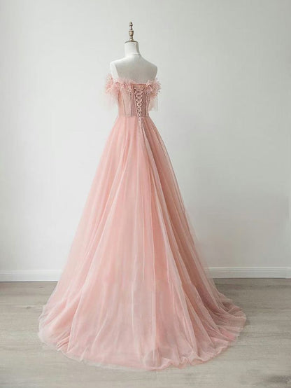 Graceful A Line Off The Shoulder Sweetheart Peach Lace Beaded Tulle Long Prom Dress,Evening Dress GG558