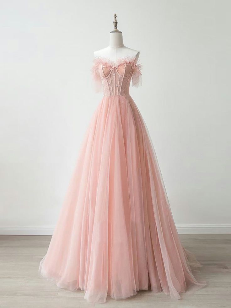 Graceful A Line Off The Shoulder Sweetheart Peach Lace Beaded Tulle Long Prom Dress,Evening Dress GG558