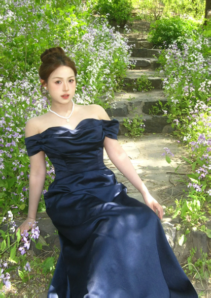 Navy Blue Mermaid Off The Shoulder Satin Without Sleeves Long Prom Dress,Evening Dress GG5585