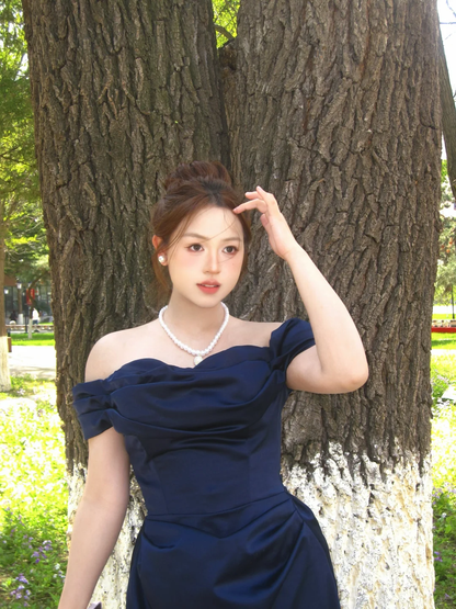 Navy Blue Mermaid Off The Shoulder Satin Without Sleeves Long Prom Dress,Evening Dress GG5585