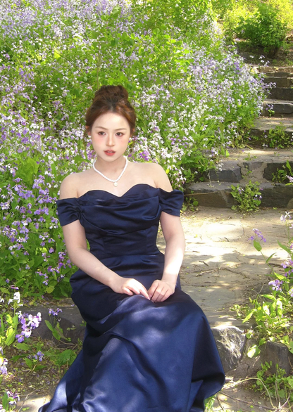 Navy Blue Mermaid Off The Shoulder Satin Without Sleeves Long Prom Dress,Evening Dress GG5585