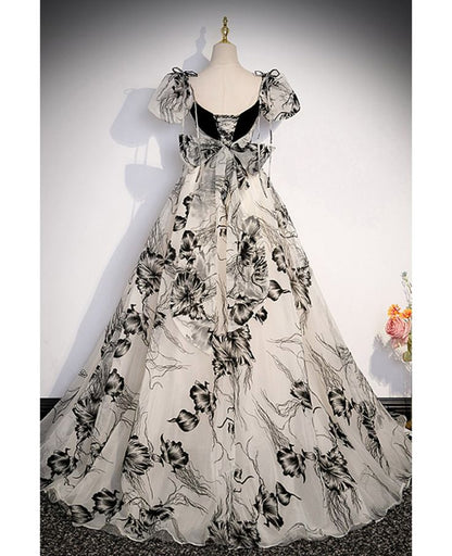 Ink Painting A Line Sweetheart Tulle Short Bubble Sleeves Long Prom Dress,Evening Dress GG559