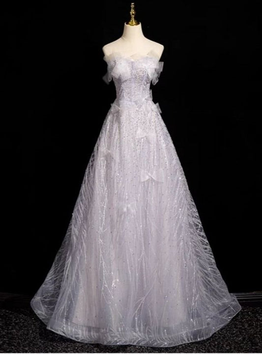 Elegant A Line Off The Shoulder Light Purple Tulle Bow Long Prom Dress,Evening Dress GG561