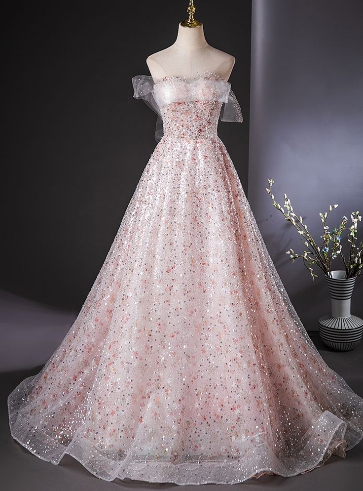 Elegant A Line Off The Shoulder Pink Tulle Sequin Long Prom Dress,Evening Dress GG562