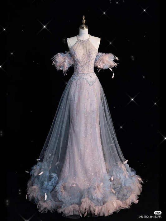 Exquisite Mermaid Halter Two Layer Tulle Sequin Long Prom Dress,Evening Dress GG564