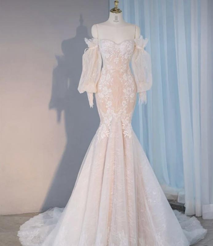 Graceful Mermaid Off The Shouldre Tulle Applique Long Sleeves Long Prom Dress,Evening Dress GG565