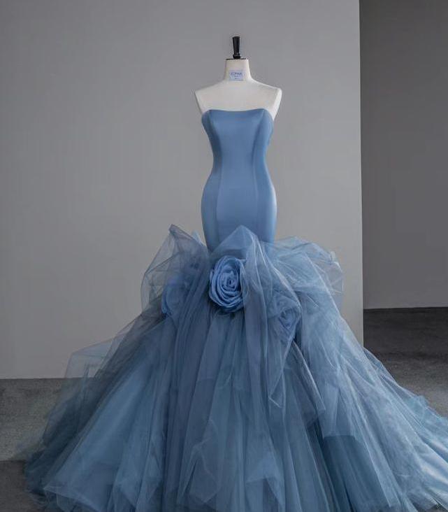 Chic Mermaid Strapless Satin Flower Tulle Hem Long Prom Dress,Evening Dress GG568