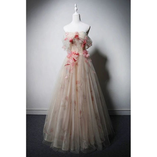 Glitter A Line Off The Shoulder Champagne Tulle Floral  Long Prom Dress,Evening Dress GG573