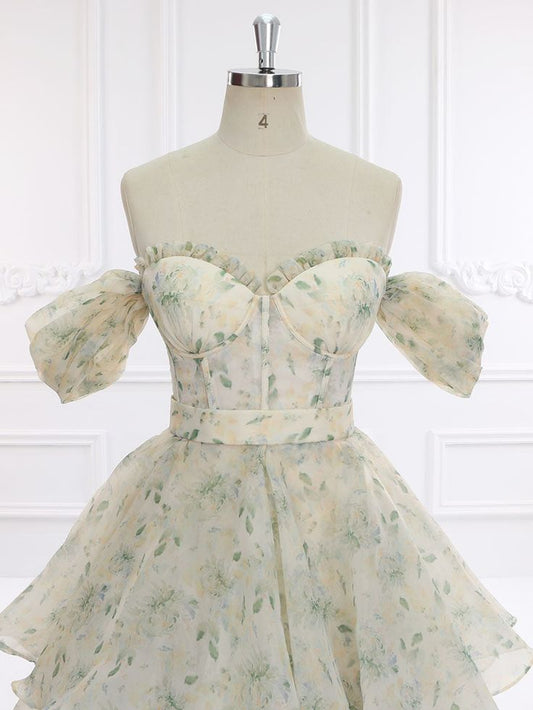 Elegant A Line Off The Shoulder Printing Floral Chiffon Long Prom Dress,Evening Dress GG575