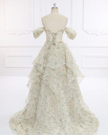 Elegant A Line Off The Shoulder Printing Floral Chiffon Long Prom Dress,Evening Dress GG575