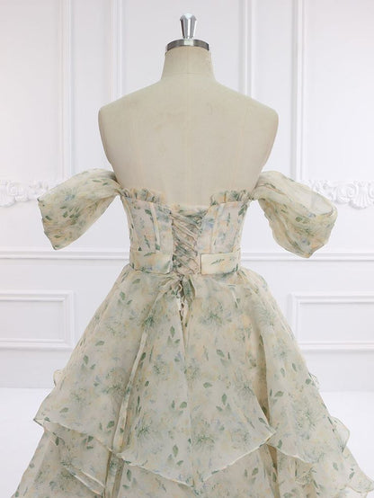 Elegant A Line Off The Shoulder Printing Floral Chiffon Long Prom Dress,Evening Dress GG575