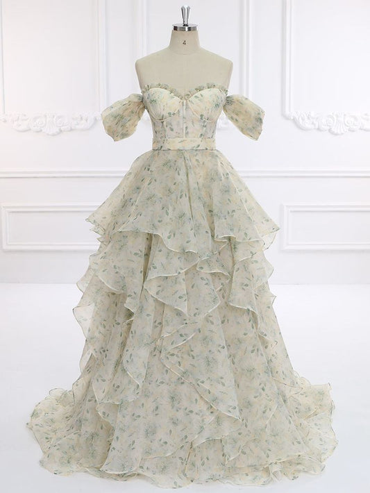 Elegant A Line Off The Shoulder Printing Floral Chiffon Long Prom Dress,Evening Dress GG575