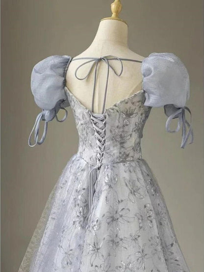 Cute A Line Sweetheart Floral Printed Tulle Short Puff Sleeves Long Prom Dress,Evening Dress GG577