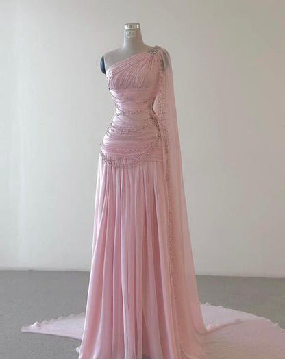 Elegant A Line One Shoulder Cape With Train Beaded Tulle Long Prom Dress,Evening Dress GG582