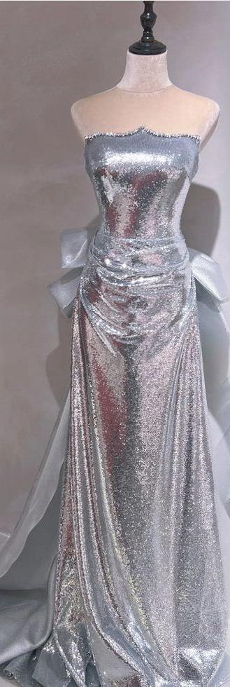 Gillter Mermaid Strapless Satin Backless Bow Long Prom Dress,Evening Dress GG584