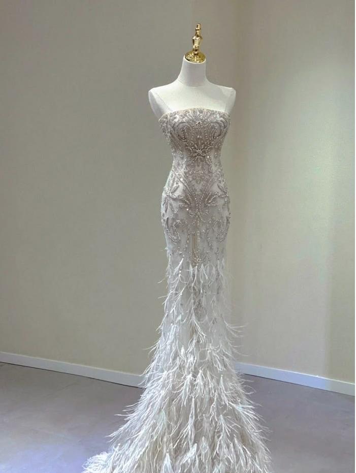 Gorgeous Mermaid Strapless Tulle Beaded Hem Imitation Feather Long Prom Dress,Evening Dress GG585