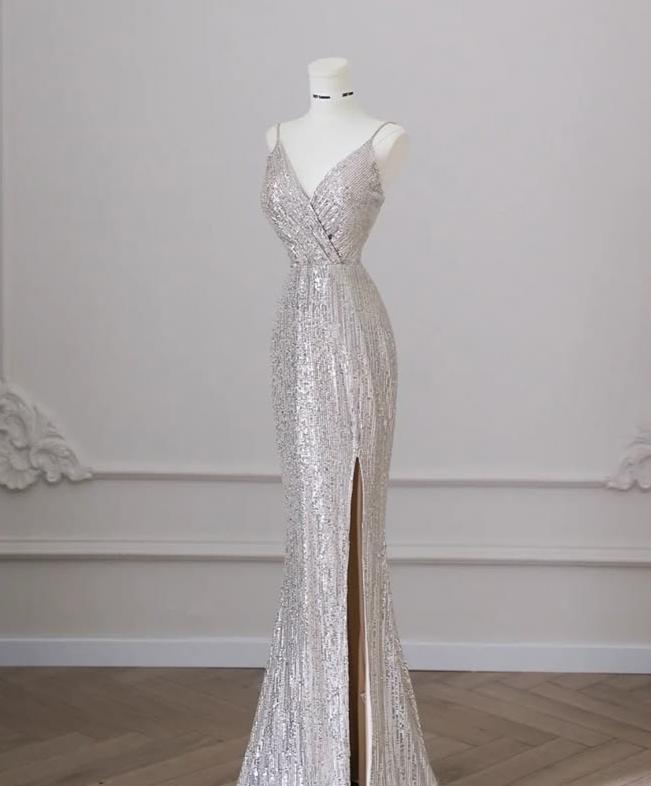 Glitter Mermaid V Neck Satin Sequin Silt Long Prom Dress,Evening Dress GG586