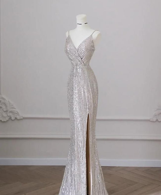 Glitter Mermaid V Neck Satin Sequin Silt Long Prom Dress,Evening Dress GG586