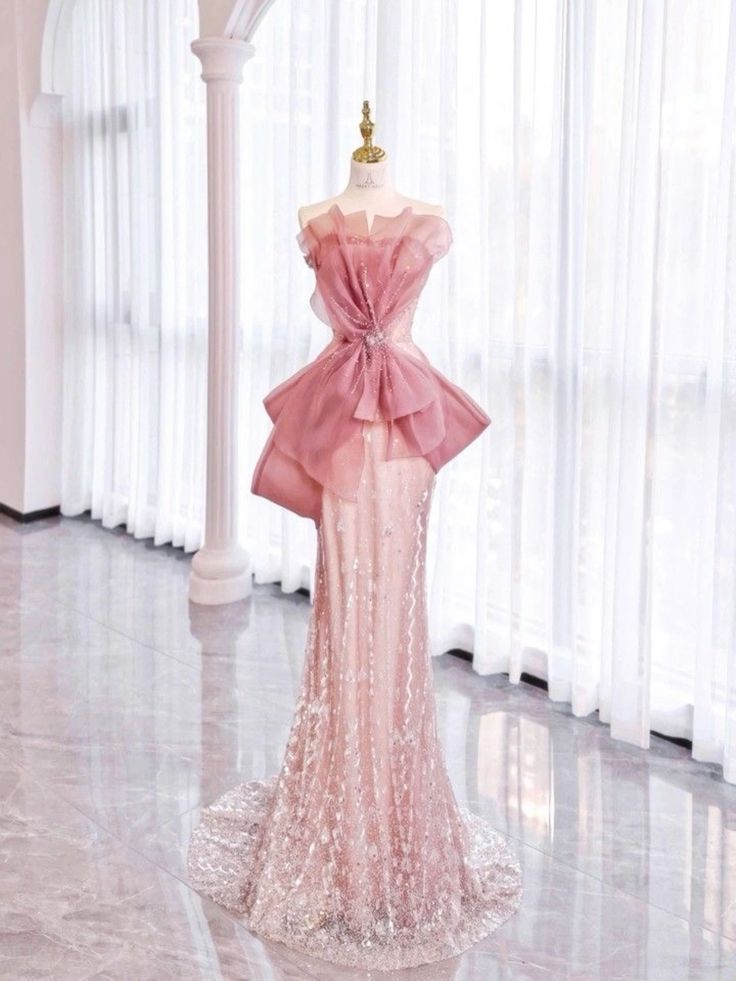 Exquisite Mermaid Strapless Pink Tulle Sequin Long Prom Dress,Evening Dress GG589