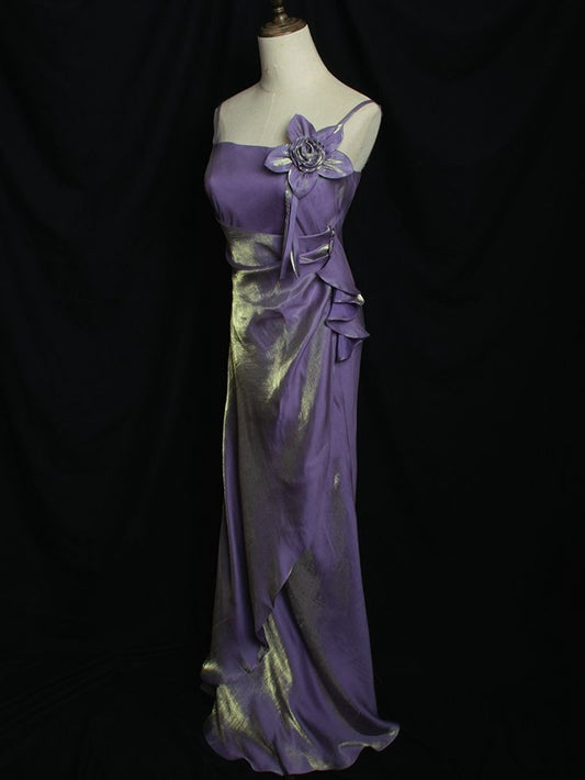 Purple Vintage Mermaid Spaghetti Straps Floral Long Prom Dress,Evening Dress GG605