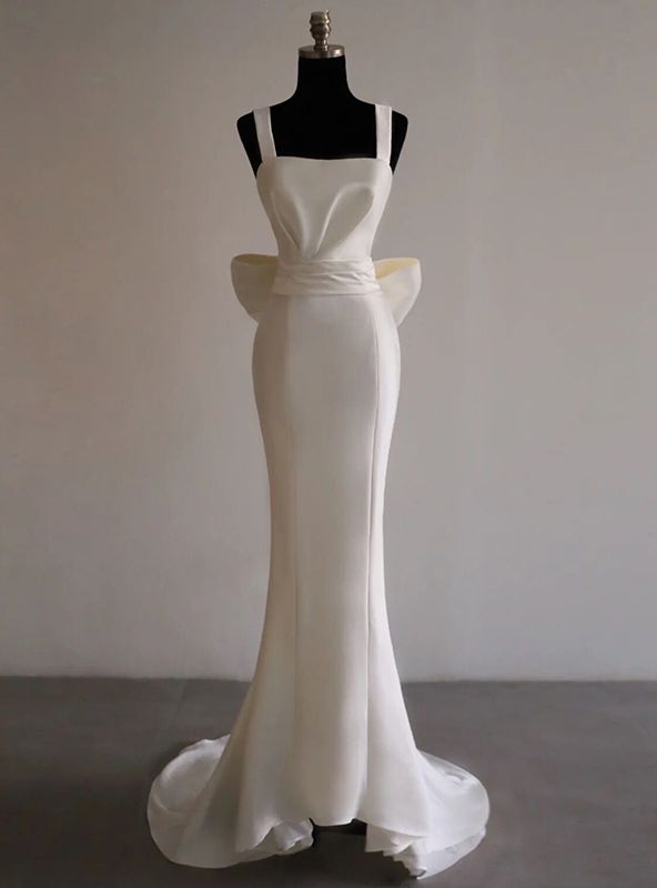 Simple Mermaid Square White Satin Straps Pleats BAck Bow Long Prom Dress,Evening Dress GG615