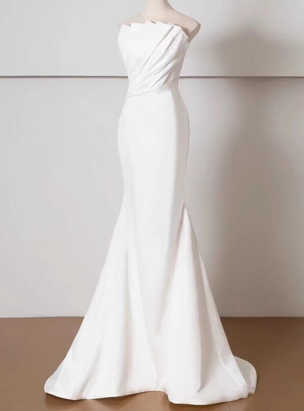 Elegant Mermaid Strapless White Satin Pleats Pearl Long Prom Dress,Evening Dress GG616