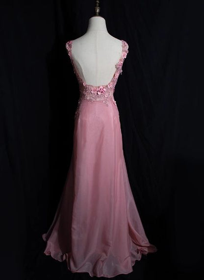 Unique A Line Satin Lace Applique Long Prom Dress,Evening Dress GG5169