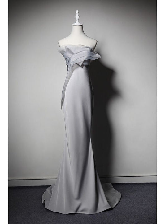 Elegant Mermaid Strapless Gray Satin Long Prom Dress,Evening Dress GG617