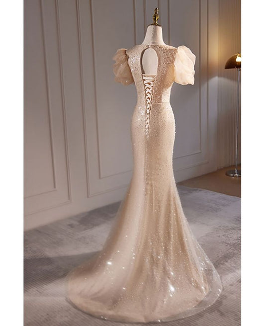 Graceful Mermaid Sweetheart Champagne Beaded Short Bubble Sleeve Long Prom Dress,Evening Dress GG624