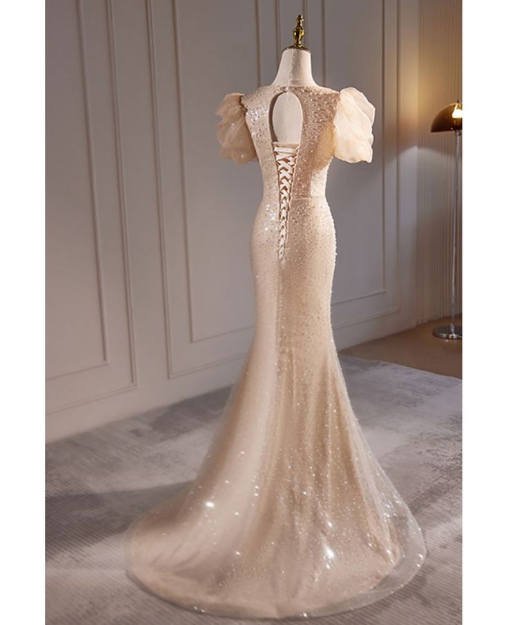 Graceful Mermaid Sweetheart Champagne Beaded Short Bubble Sleeve Long Prom Dress,Evening Dress GG624