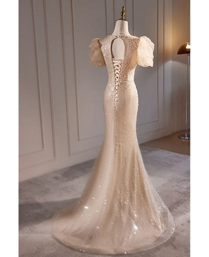 Graceful Mermaid Sweetheart Champagne Beaded Short Bubble Sleeve Long Prom Dress,Evening Dress GG624