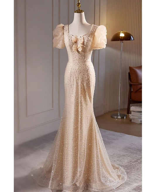 Graceful Mermaid Sweetheart Champagne Beaded Short Bubble Sleeve Long Prom Dress,Evening Dress GG624