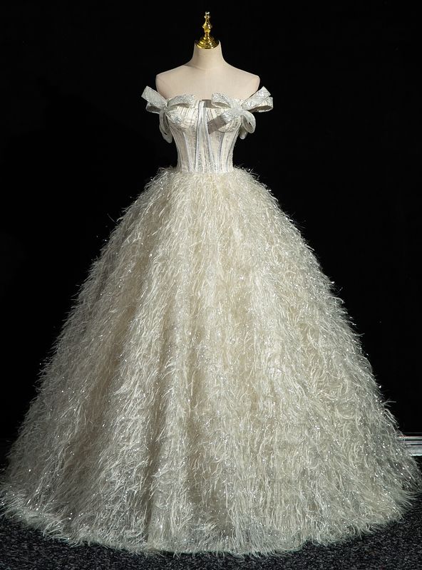 Fairy Ball Gown Strapless Bow Lvory Imitation Feather Long Prom Dress,Evening Dress GG626