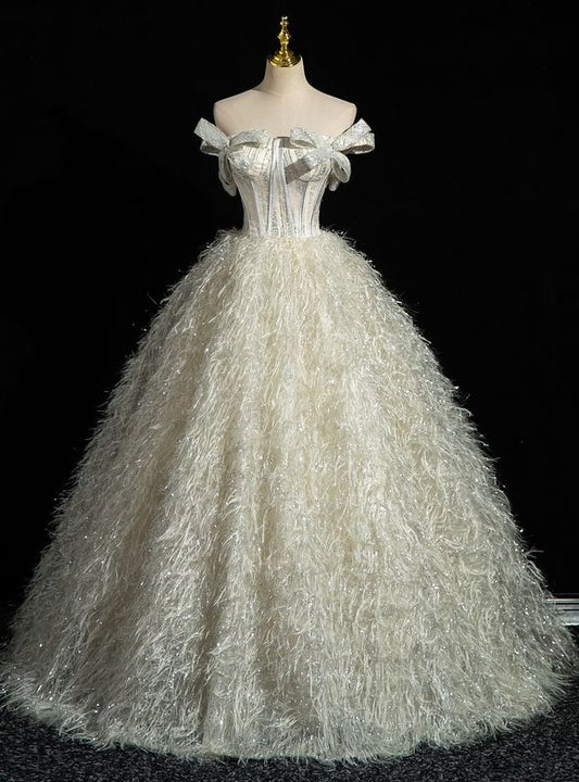 Fairy Ball Gown Strapless Bow Lvory Imitation Feather Long Prom Dress,Evening Dress GG626