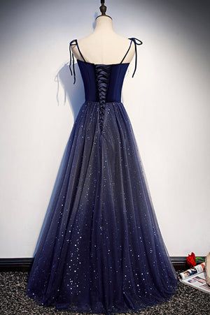 Simple A Line Spaghetti Straps Navy Velvet Tulle Long Prom Dress,Evening Dress GG629