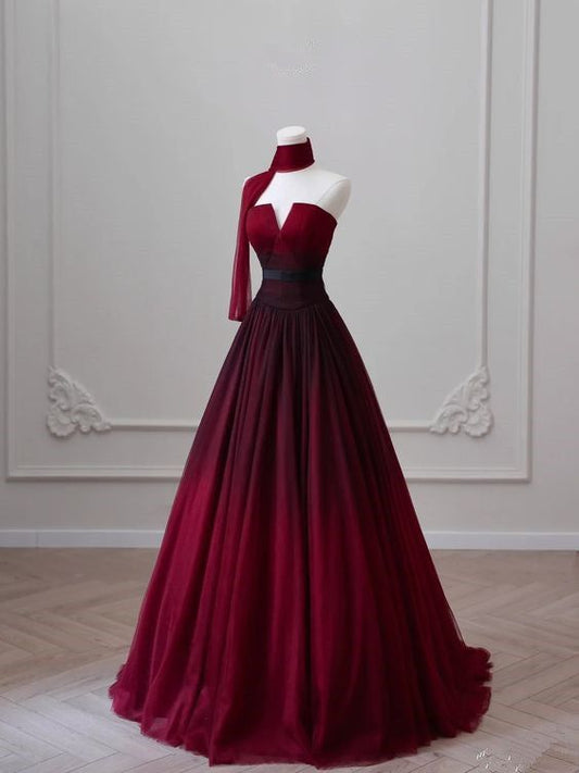 SexyA Line Strapless Burgundy Satin Long Prom Dress,Evening Dress GG630