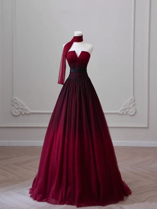 SexyA Line Strapless Burgundy Satin Long Prom Dress,Evening Dress GG630