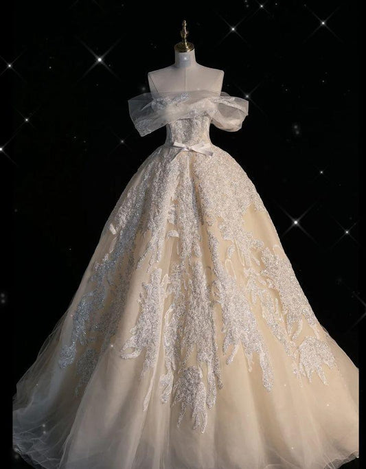 Cute Ball Gown Off The Shoulder Champagne Tulle Applique Long Prom Dress,Evening Dress GG632